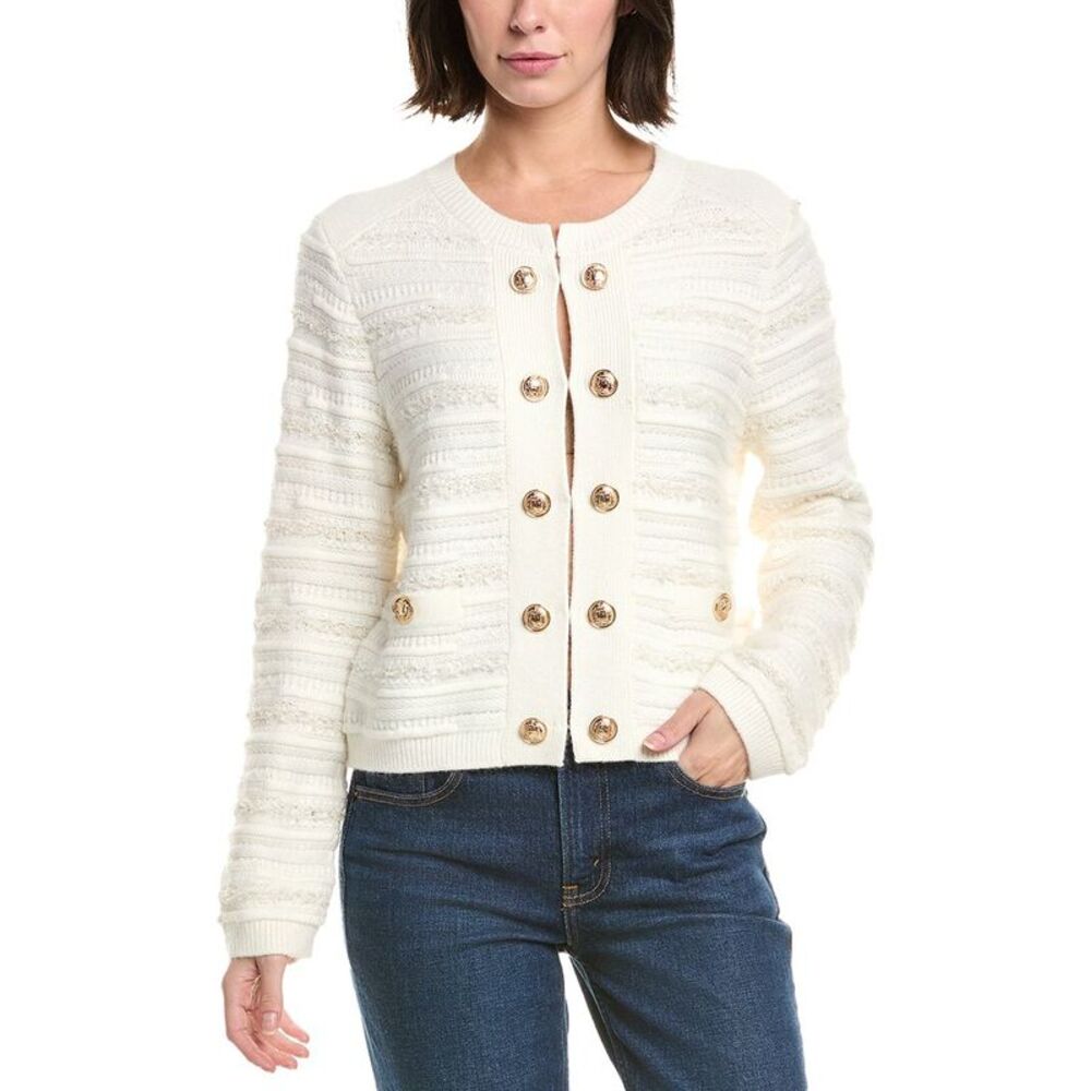 Milly Womens  Textured Knit Wool-Blend Cardigan, Beige